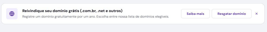 Faixa no painel escrita Reivindique seu domínio grátis, com os botões Saiba mais e Resgatar domínio.