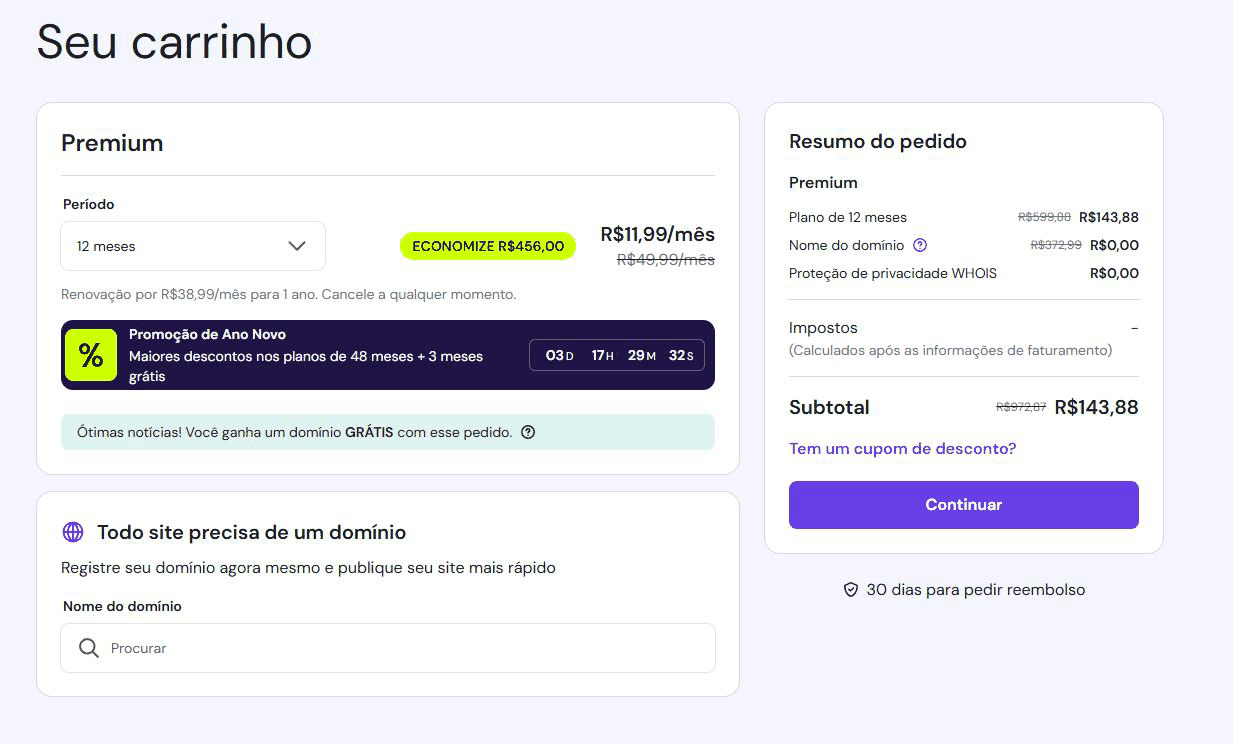Tela do carrinho com o plano Premium, o campo Período em 12 meses, o aviso de domínio grátis e o botão roxo Continuar.