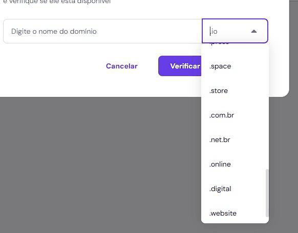 Lista aberta de terminações de domínio com a opção .com.br visível.