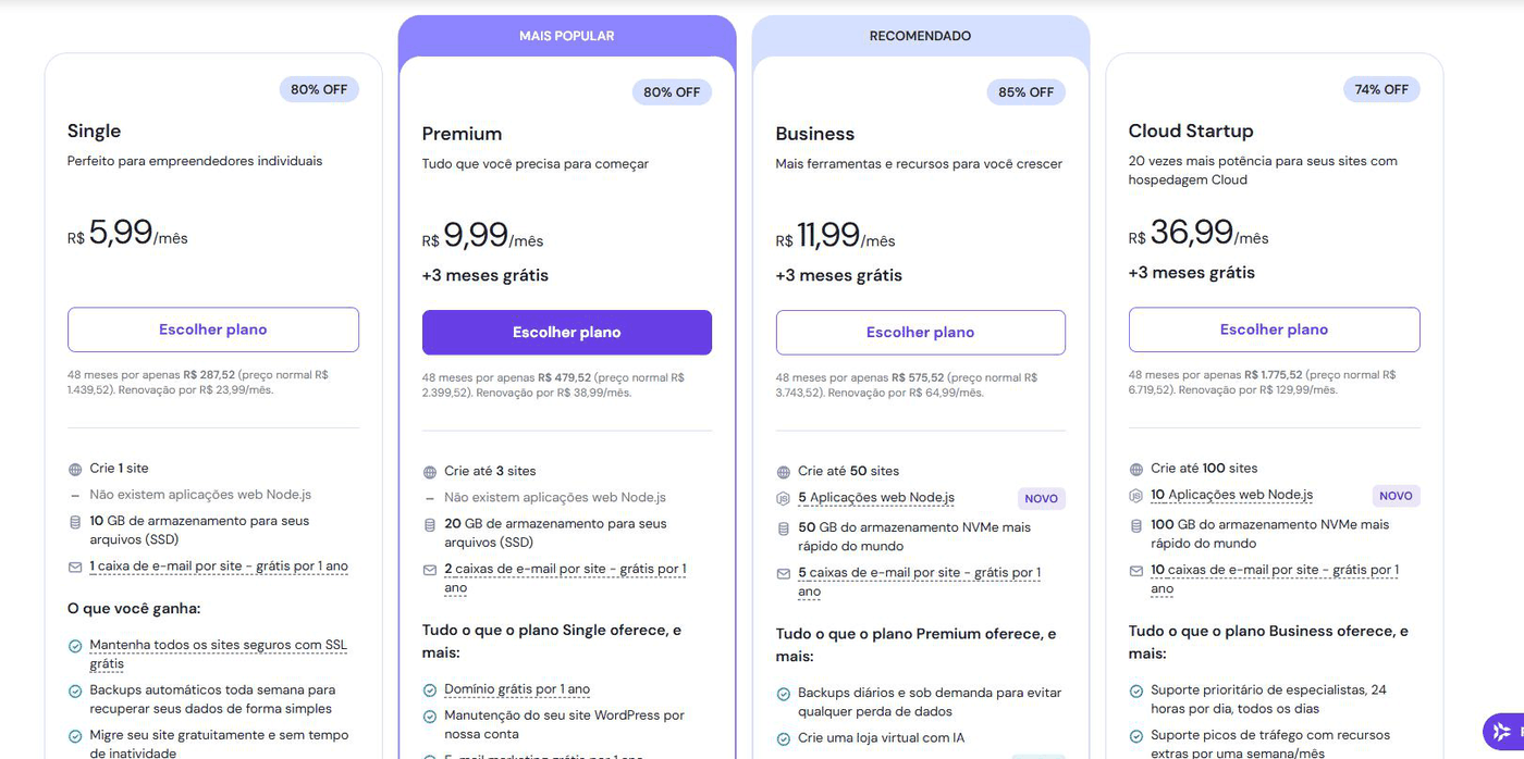 Tabela com os planos Single, Premium, Business e Cloud Startup, com o Premium marcado como mais popular.